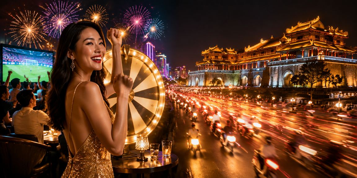 Không gian đêm Huế rực rỡ ánh đèn neon gợi cảm giác may mắn và giải trí sôi động